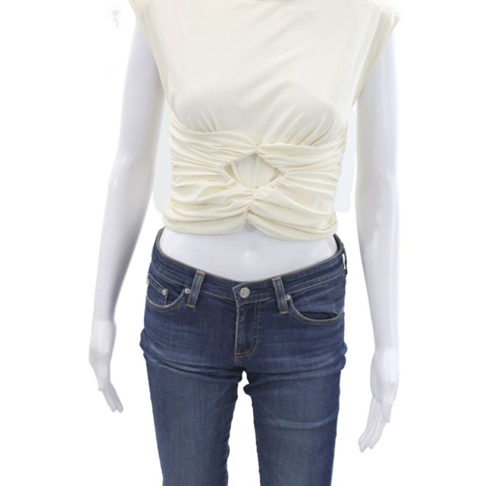 Magda Butrym Womens Cropped Jersey Crew Neck Short Sleeve Top Beige Size 36